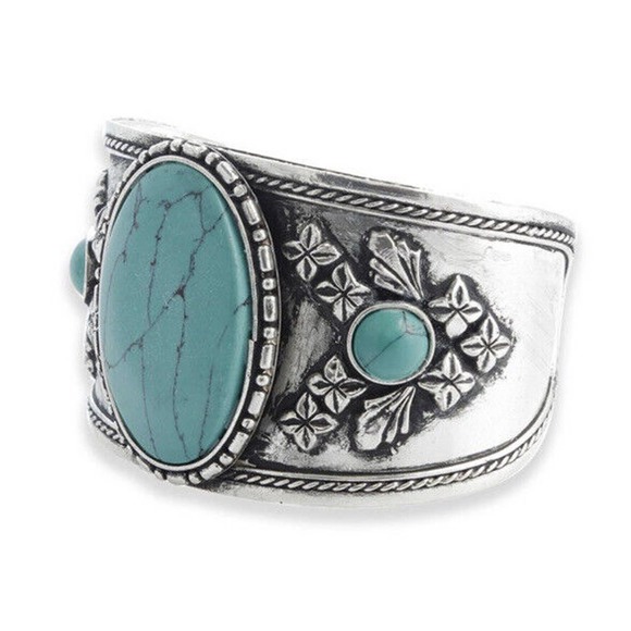 Myra Rwanda Open Cuff Bracelet Silver Tone Copper Turquoise Look - Myra 606 - Picture 1 of 12